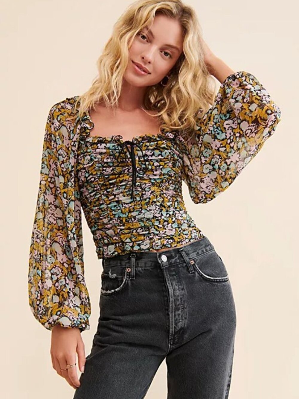 Free People Mabel Printed Blouse. Floral Ruched Lace-Up. Size M